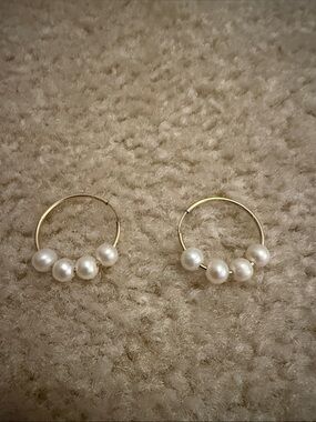 Gold Hoop Earrings with White Faux Pearl Beads